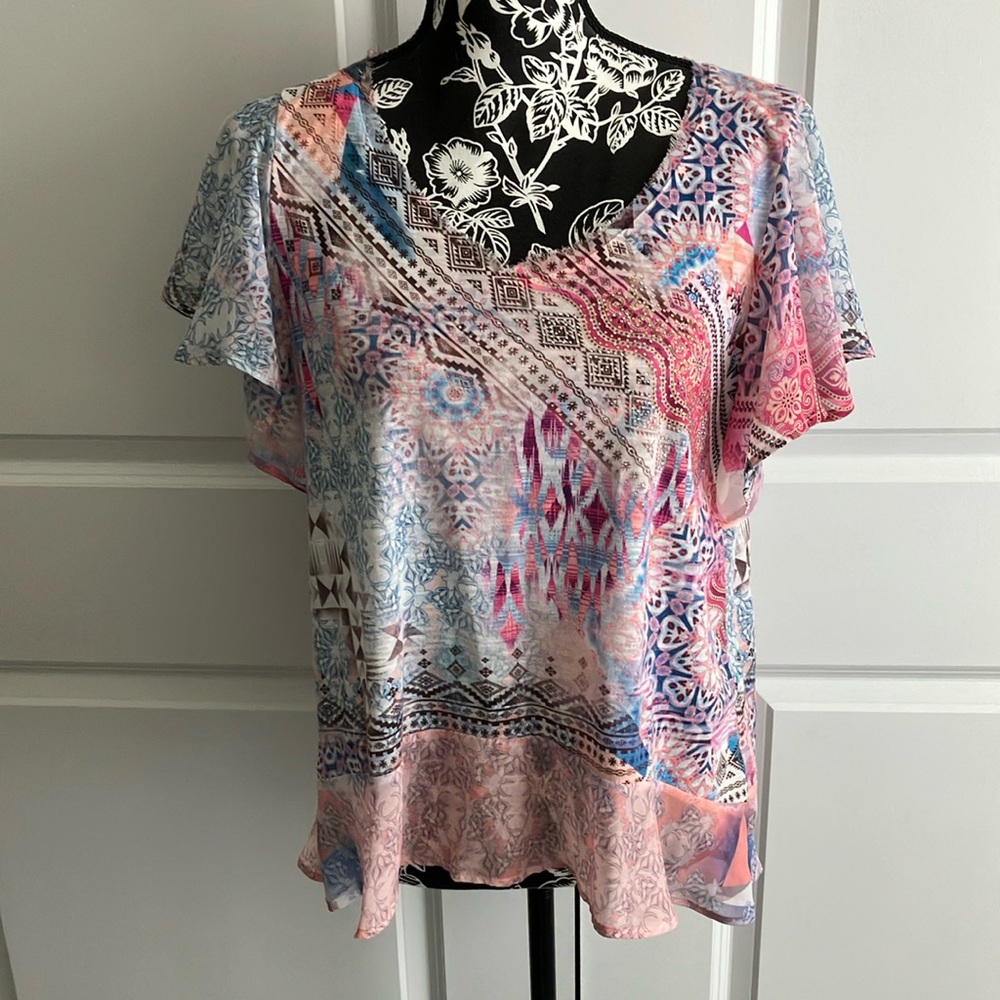 Pink and Blue Asymmetrical Flutter Sleeve Blouse